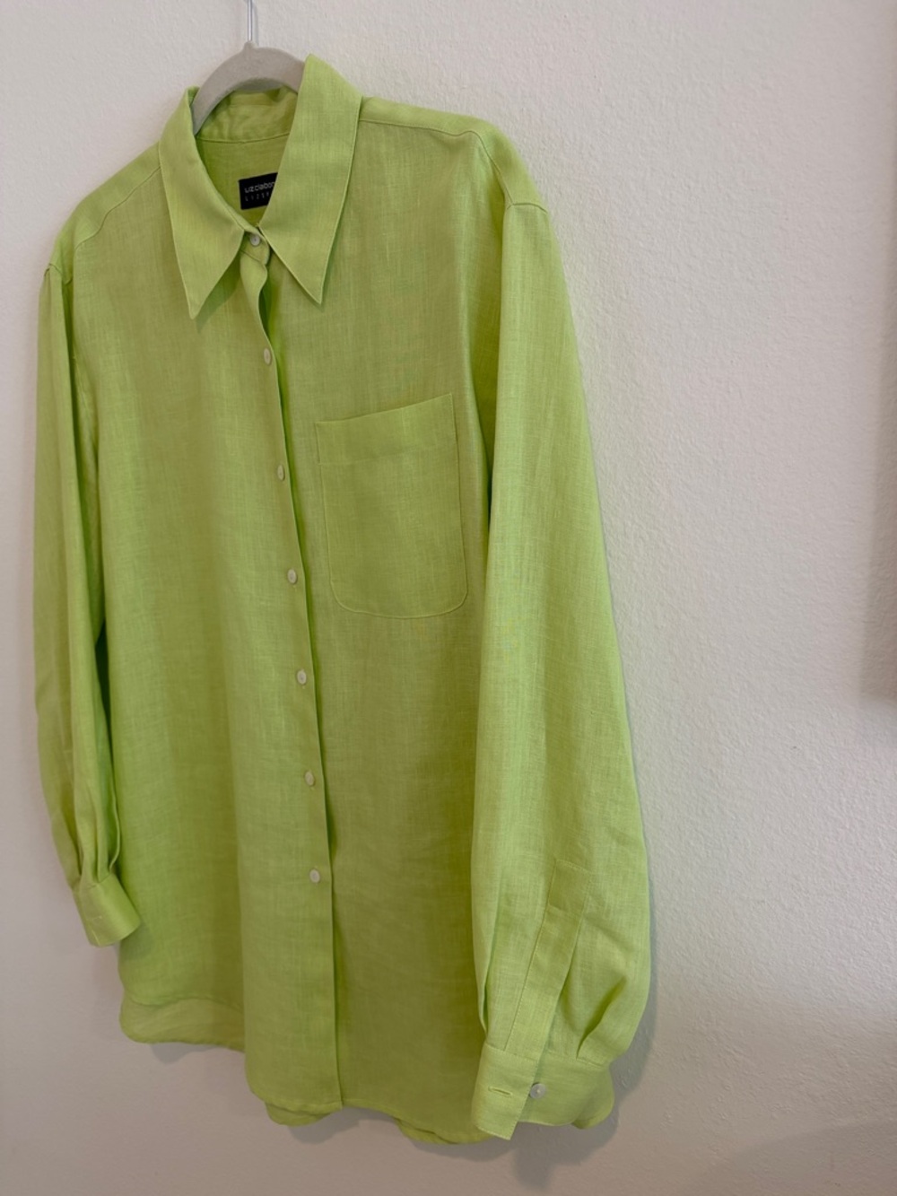 Liz Claiborne Lizsport 100% Linen Button Down Shirt Lime Green Size L - Picture 4 of 6